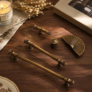 Art Deco Brass Cabinet Pulls, Vintage Fan Shaped Drawer Handles, Antique Gold Furniture Hardware, Unique Cupboard Knobs and Pulls Set