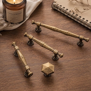 Antique Brass Drawer Pulls and Knobs, Unique Geometric Cabinet Handles, Gold Vintage Wardrobe Pulls, Handmade Artisan Furniture Hardware