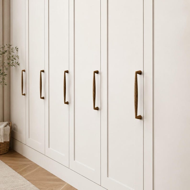 Solid Brass Cabinet Pulls & Knobs, Vintage Drawer Handle, Minimalist Furniture Hardware, Unique Antique Brass Dresser Pulls for Kitchen Door image 5