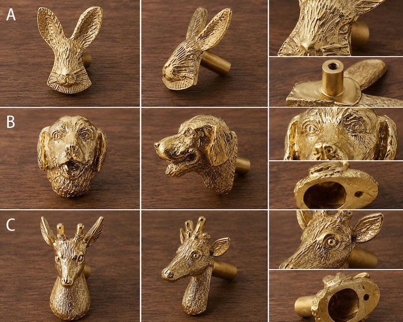Puede incluir: Una colecci&oacute;n de tres pomos para armarios de metal en tono dorado con forma de cabezas de animales. La fila A muestra un conejo, la fila B un perro y la fila C una jirafa. Cada pomo incluye un poste de montaje cil&iacute;ndrico en la parte trasera.