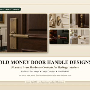 May include: A digital download PDF featuring five brass door handle designs for interior spaces. The main image shows a rectangular brass backplate with a horizontal lever handle mounted on a dark wood door. Four smaller images display variations.