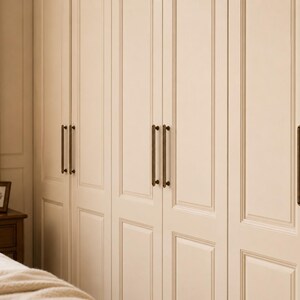 May include: A set of tall, off-white wardrobe doors featuring recessed rectangular panels and vertical molding. Each door is equipped with a pair of long, slender, dark bronze-toned metal bar handles mounted vertically for easy access.