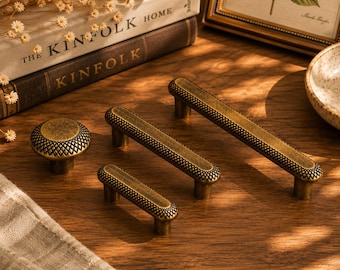 Solid Brass Cabinet Pulls & Knobs, Vintage Textured Drawer Handle, Retro Cupboard Hardware, Unique Brass Dresser Pull for Kitchen Cabinet