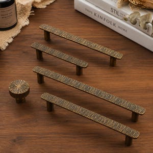 Artisan Textured Brass Cabinet Pulls, Vintage Gold Drawer Handles, Unique Hammered Furniture Hardware for Dresser, Retro Cupboard Knobs