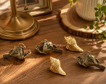 Unique Marine Animal Brass Knobs, Angler Fish & Shell Drawer Pulls, Decorative Ocean Theme Furniture Hardware, Antique Gold Cabinet Handles