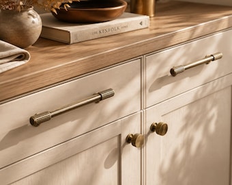 Vintage Antique Brass Cabinet Handles | Fluted Retro Drawer Pulls | Minimalist Zinc Alloy Furniture Knobs | T-Bar Kitchen Hardware Upgrade