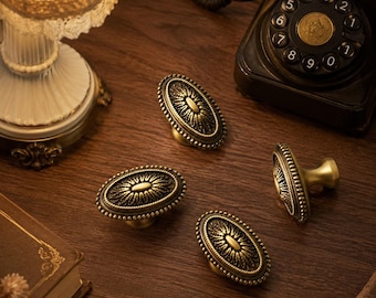 Vintage Oval Cabinet Knobs, Antique Brass Relief Drawer Pulls, Decorative French Style Furniture Hardware, Unique Dresser Handles