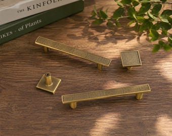Modern Grid Texture Cabinet Pulls, Gold Drawer Handles, Minimalist Furniture Hardware, Decorative Brass Style Kitchen Cupboard Knobs