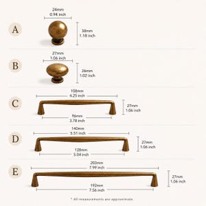 May include: A collection of five antique brass cabinet hardware pieces labelled A through E. Items A and B are round knobs, while C, D, and E are elongated pulls. Dimensions are provided in millimetres, ranging from 24mm to 203mm in length.