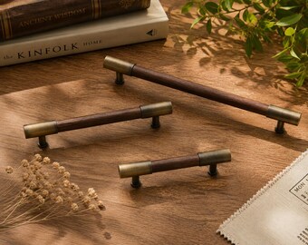 Walnut Wood Cabinet Handles, Modern Drawer Pulls, Antique Bronze Furniture Hardware, Minimalist Kitchen Cupboard Knobs, Wood and Brass Pulls