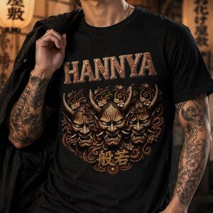 Japanese Hannya Mask Oni Demon T-shirt | Three Noh Masks with Cherry Blossoms | Dot Art Style Intricate Design Tee