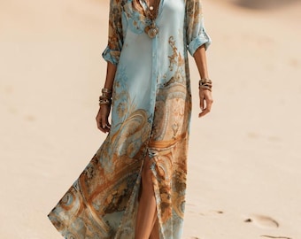 Vestido largo bohemio con estampado floral, estilo vintage de verano, con botones delanteros y manga larga de gasa.
