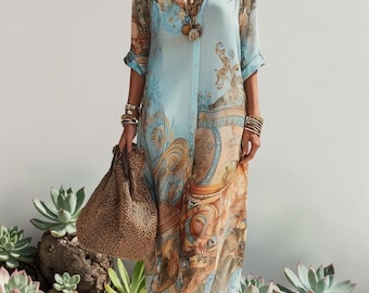 Boho maxi-jurk met bloemenprint, vintage zomerjurk met knoopsluiting aan de voorkant, lange mouwen van chiffon.