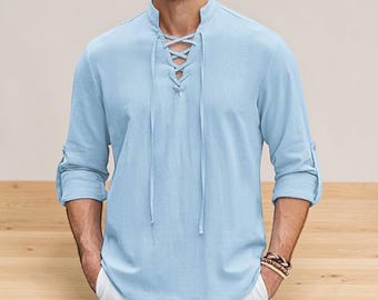Men's Cotton Linen Renaissance Shirt Viking Pirate Medieval Tunic Long Sleeve Halloween Cosplay