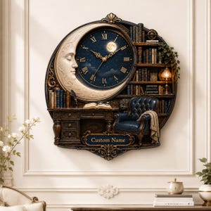 Personalized Moon Library Wall Clock, Celestial Book Lover Decor, Custom Name Crescent Reading Nook Clock, Moonlit Writer Gift, Bookish Home
