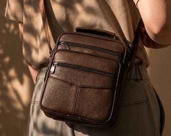 100% Genuine Leather Crossbody Bag, Men's Leather Messenger Bag, Small Travel Shoulder Bag, Multi Pocket Leather Pouch, Everyday Carry Bag
