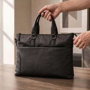 May include: A black rectangular briefcase featuring a smooth matte finish, two top handles, a zippered main compartment, and a front pocket with curved stitched detailing. The bag is constructed with dark hardware and reinforced handle attachments.