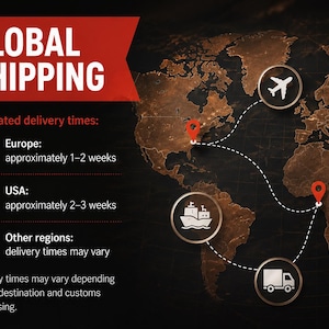 May include: A dark brown world map graphic with a red banner labeled GLOBAL SHIPPING. It features icons for an airplane, ship, and truck connected by dashed lines to red location pins, along with text detailing estimated delivery times for regions.