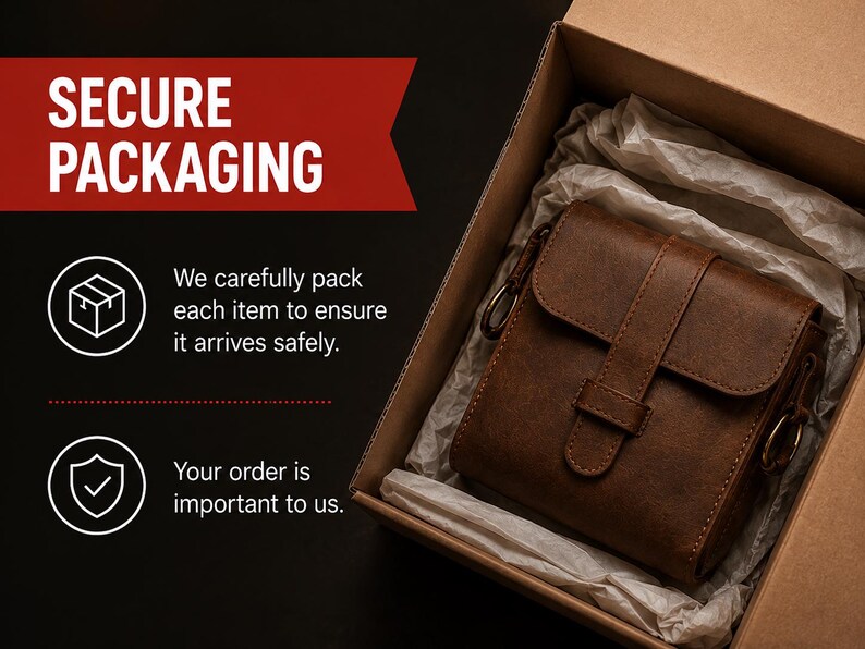 May include: A brown leather-like square bag with a flap closure and metal side rings, nestled inside a cardboard shipping box lined with white tissue paper. Text on the left reads SECURE PACKAGING, We carefully pack each item to ensure it arrives safely, and Your order is important to us.