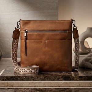 Puede incluir: Un bolso bandolera de cuero color canela con forma rectangular, que cuenta con un compartimento superior con cremallera y un bolsillo frontal. Incluye una correa de hombro ancha, tejida y extraíble con un patrón geométrico en blanco y marrón.