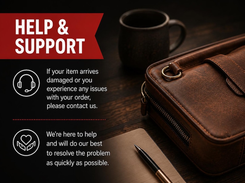 May include: A brown leather bag with a zipper and metal ring, a dark mug, a notebook, and a pen. Text reads: HELP & SUPPORT. If your item arrives damaged or you experience any issues with your order, please contact us. We're here to help and will do our best to resolve the problem as quickly as possible.
