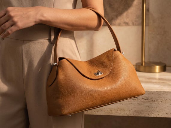 100% Genuine  Leather Top Handle Bag, Curved Structured Flap Purse, Turn Lock Handbag, Compact Daily Bag, Small Rounded Purse
