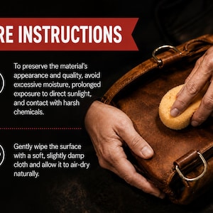 May include: A brown leather bag being cleaned with a yellow sponge. The image includes text: CARE INSTRUCTIONS. To preserve the material's appearance and quality, avoid excessive moisture, direct sunlight, and harsh chemicals. Wipe with a damp cloth.