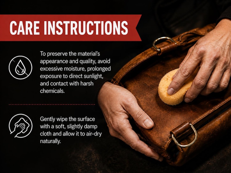 May include: A brown leather bag being cleaned with a yellow sponge. The image includes text: CARE INSTRUCTIONS. To preserve the material's appearance and quality, avoid excessive moisture, direct sunlight, and harsh chemicals. Wipe with a damp cloth.