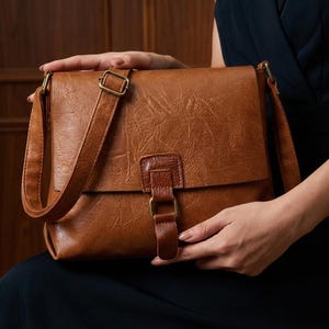 May include: A tan brown messenger bag with a textured surface, featuring a fold-over flap, a central vertical strap with a rectangular buckle closure, and an adjustable shoulder strap attached with metallic hardware rings on both sides.
