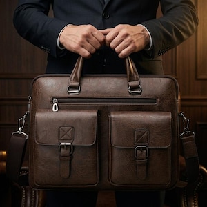 May include: A dark brown briefcase with a textured finish, featuring two front pockets with buckle closures, a horizontal zippered compartment above the pockets, two top handles, and a detachable shoulder strap with metal hardware attachments.