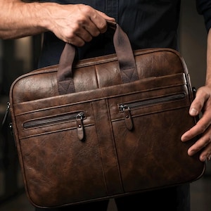May include: A dark brown rectangular briefcase with a textured finish, featuring two top handles made of brown fabric, two horizontal front zippered pockets with matching brown leather-like pull tabs, and a structured main compartment with a zipper closure.