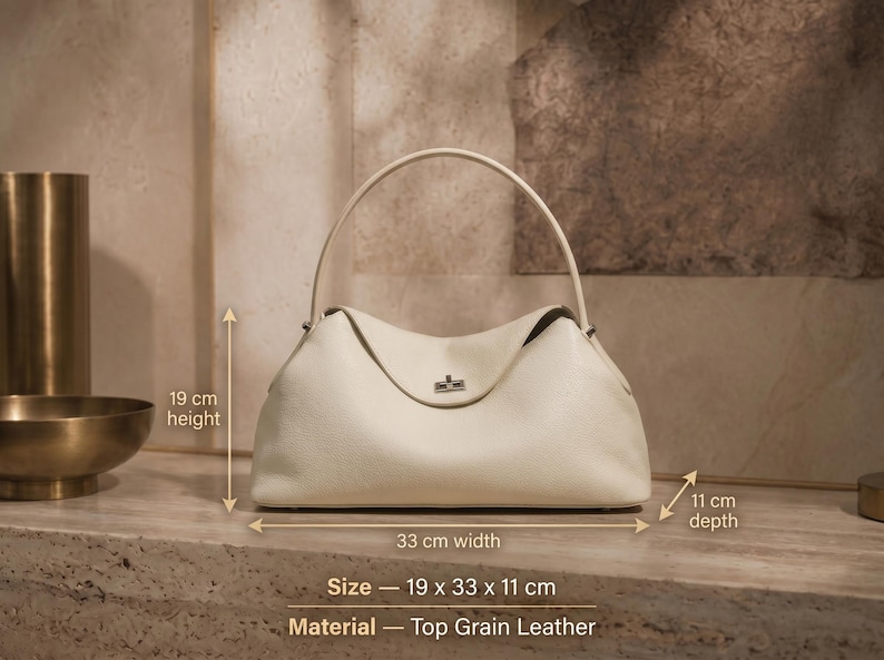 May include: A cream-colored top grain leather handbag with a single arched handle and a silver-tone turn-lock closure. The bag measures 19 cm in height, 33 cm in width, and 11 cm in depth. The text on the image specifies the size and material.