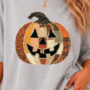 Patchwork-Kürbis (PNG), Vintage-Halloween-Shirt-Design mit Jack-O'-Lantern-Motiv, Boho-Kürbis (PNG), Herbst-Sublimation, Gruselsaison-PNG