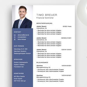 May include: A professional CV template featuring a dark blue sidebar with a headshot of a man in a suit, contact details, personal information, language skills, and technical proficiencies, alongside a white main section for career history.