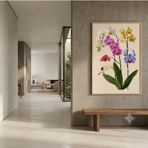 Puede incluir: Una impresión de arte mural enmarcada que presenta una ilustración botánica de flores de orquídeas multicolores, incluyendo pétalos blancos, amarillos, morados y rosas con hojas verdes, sobre una pared de hormigón texturizado y un banco de madera.