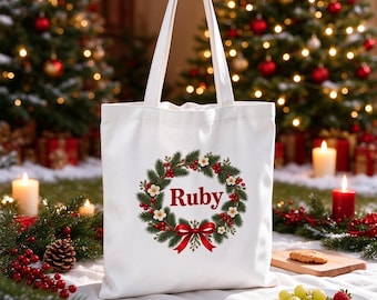 Personalisierte Tragetasche aus Canvas mit Weihnachtskranzmotiv, Tragetasche mit individuellem Namen für die Feiertage, Weihnachtsgeschenktasche, Weihnachtsmann-Sack für Kinder, Gastgeschenk für die Weihnachtsfeier