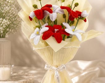 Handmade Chenille Red and White Lily Bouquet, Pipe Cleaner Flower Bouquet, Forever Flowers Gift, Gift for her, Elegant Floral Arrangement
