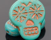 SUGAR SKULL Czech Pressed Glass (4) TURQUOISE Gold or Pink-Wash Specialty Trendy Bead