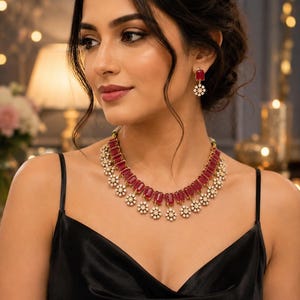 Ruby Red Indian Statement Necklace Set & Matching Earrings, Bridal Wedding Jewelry, Floral Party Necklace, Traditional Ethnic Gift for Women