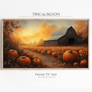 May include: A painting depicting a rustic barn in a field of pumpkins at sunset. The barn is painted in shades of grey and brown, with a red roof. The pumpkins are orange and scattered throughout the field. The sky is a vibrant orange and yellow, with clouds in the distance. The painting is framed in a light wood frame.