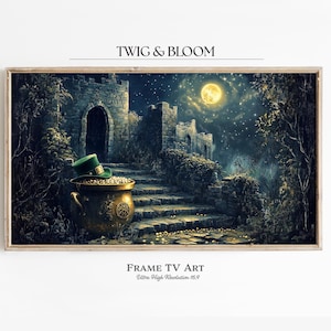 May include: A digital painting of a pot of gold at the base of a stone staircase leading to a castle. The pot is topped with a green leprechaun hat. The scene is set at night with a full moon and stars in the sky.