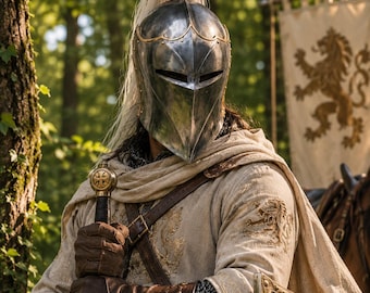 May include: A polished steel knight helmet with a pointed visor and a long white plume, worn over a beige tunic featuring gold lion embroidery. The attire includes brown leather gloves, a dark leather belt, and a sword hilt with a cross emblem.