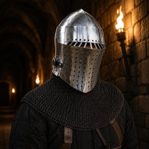 May include: A polished steel knight helmet featuring a pointed crown, a visor with horizontal eye slits, and a faceplate covered in small circular ventilation holes. The helmet is worn over a dark chainmail coif and a black quilted garment.