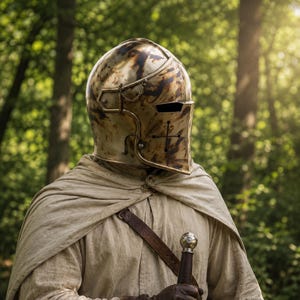 May include: A metallic helmet with a weathered brass finish and dark brown patina, featuring a horizontal visor slit and a cross-shaped cutout. The helmet is worn with a beige linen cloak and a brown leather strap over a light-colored tunic.
