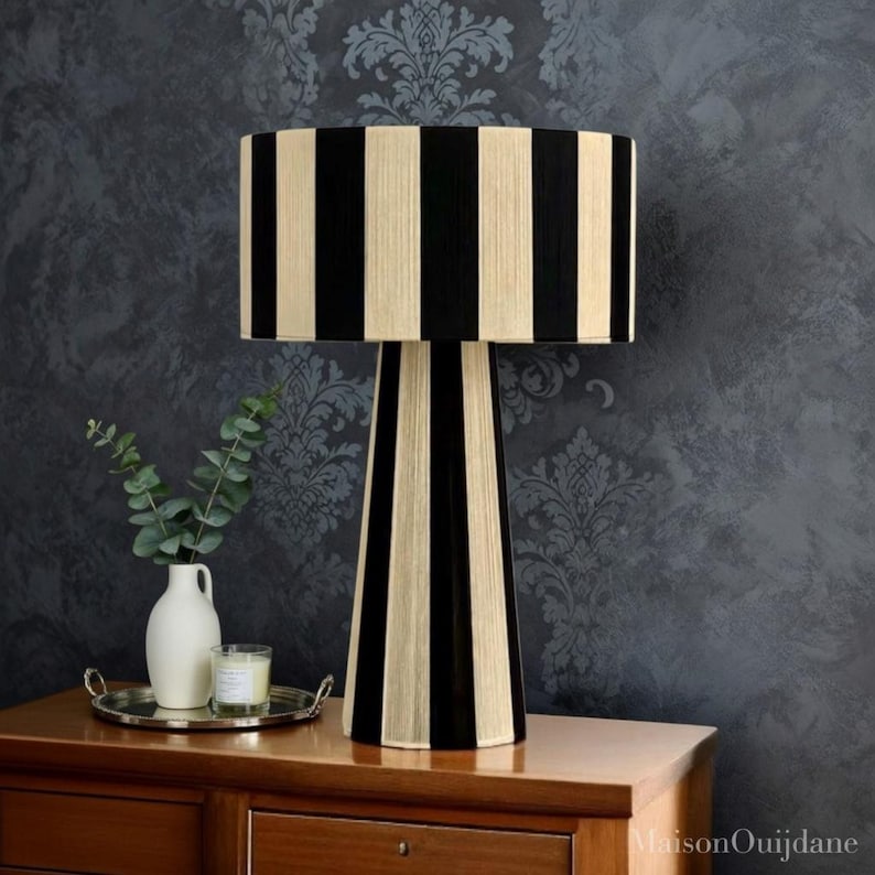 Raphia Moroccan Table Lamp – Handmade Black Cream Boho Light