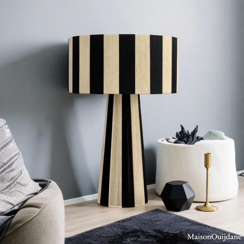 Raphia Moroccan Table Lamp – Handmade Black Cream Boho Light