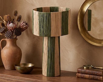 Raffia Table Lamp – Handmade Green Beige Boho Accent Light