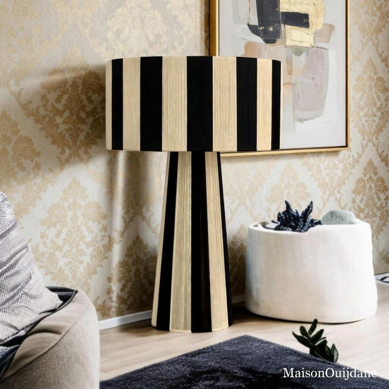 Raphia Moroccan Table Lamp – Handmade Black Cream Boho Light