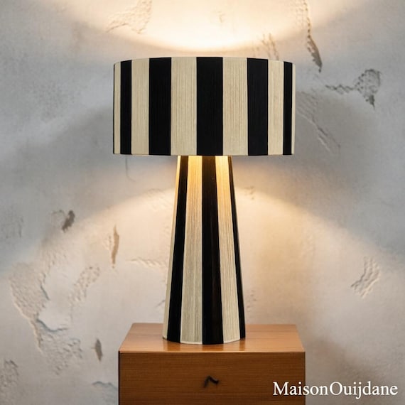 Raphia Moroccan Table Lamp – Handmade Black Cream Boho Light