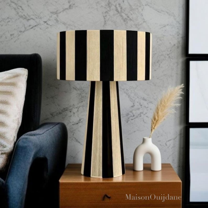 Raphia Moroccan Table Lamp – Handmade Black Cream Boho Light